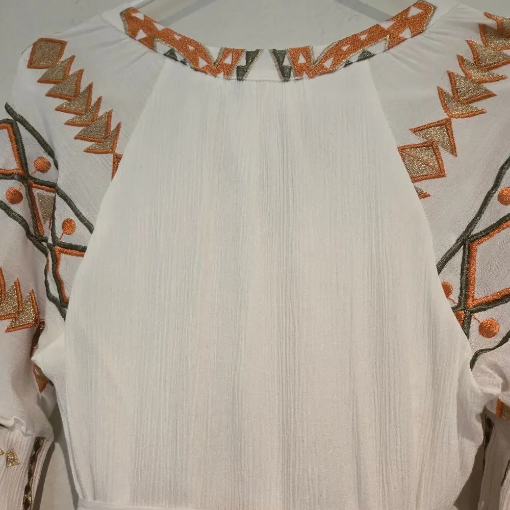 Hale Bob Ravin Embroidered Balloon Sleeve Aztez Tribal Print Mini Dress, Sz S - Picture 5 of 13